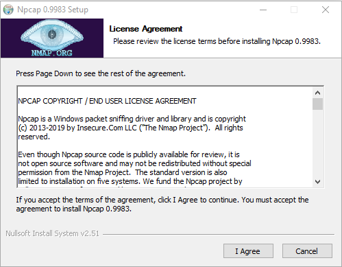 Npcap setup license agreement