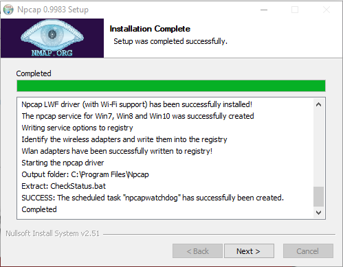 Npcap İnstallation complete