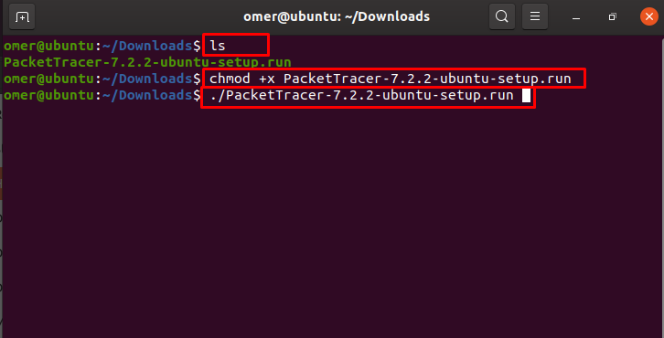 chmod and ./PacketTracer-7.2.2-ubuntu-setup.run