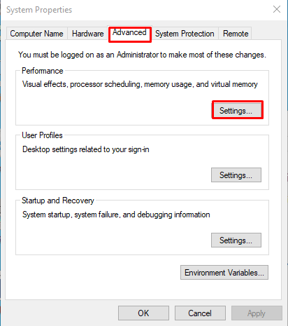 "Settings" option in the "Performance"
