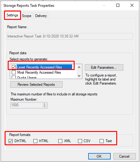 Storage Reports Task Properties