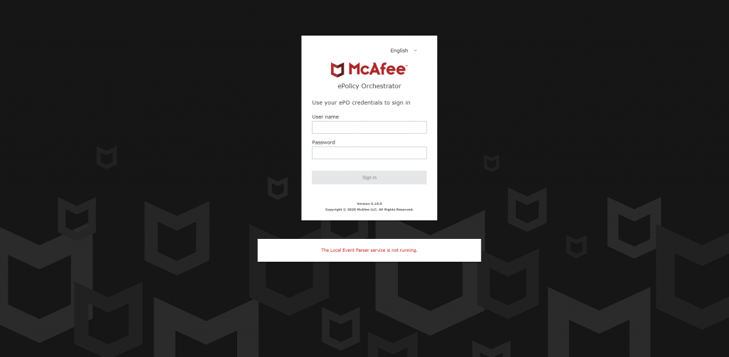 Mcafee EPO Login Screen The Local Event Parser Service Is Not Running 