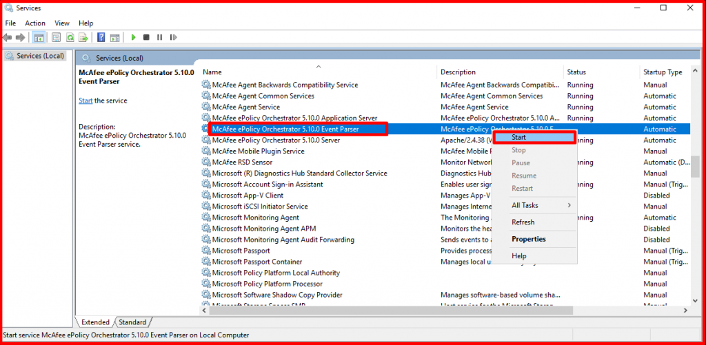 Mcafee ePO Login Screen “The Local Event Parser service is not running ...