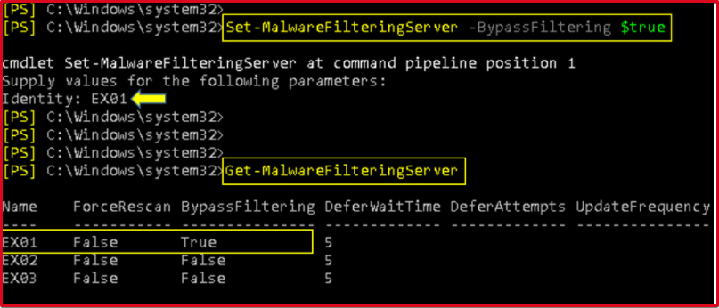 Set-MalwareFilteringServer -BypassFiltering $true